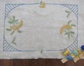 3 Piece BUFFET SET To Finish - Table Mat 2 Round Doilies To Complete Embroidery Pre-Stamped Ivory Linen French Knot GOLDENROD Blue Edging