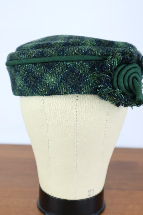 Vintage Pill Box Hat - 1960s Green Wool Plaid Wome