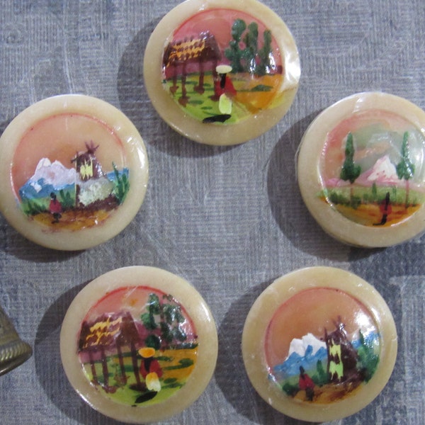 Vintage Vegetable Ivory Button - Hand Painted Landscape CHOOSE YOUR STYLE Country 13/16" Circa 1940s Self Shank