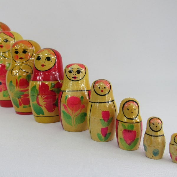 Vintage Russian NESTING Dolls Set of 10 Matryoshka 6" Vintage 1970s Made in USSR Hand Painted