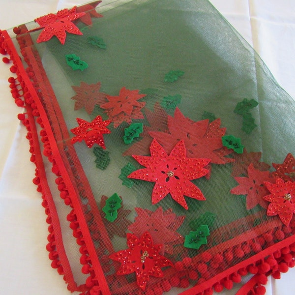 Appliqued Table Cover Vintage 1960s Christmas Tablecloth Sequined & Beaded Red Poinsettias and Holly Leaves Green Net Tulle Red Pom Pom Trim