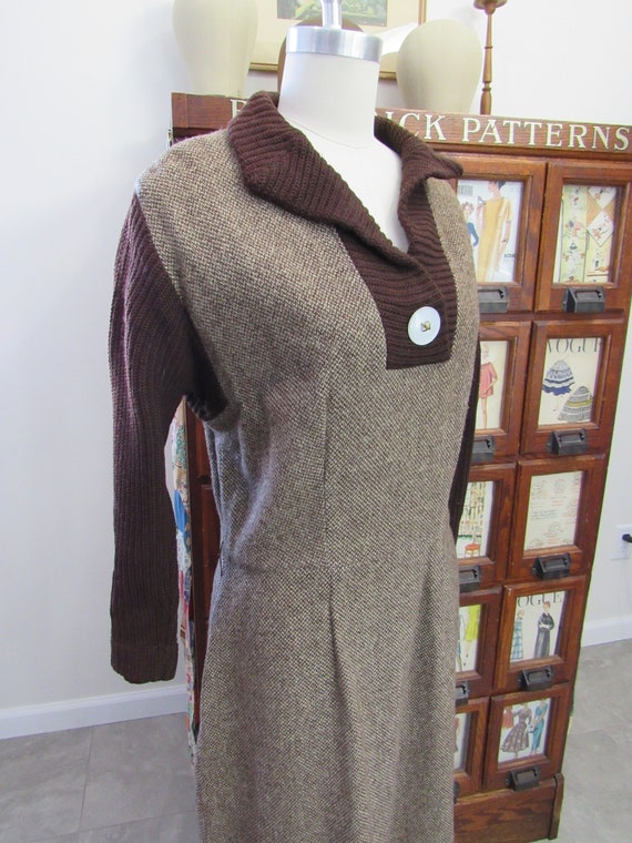 Wool TWEED Dress - Vintage 1940s BROWN Dress with… - image 5