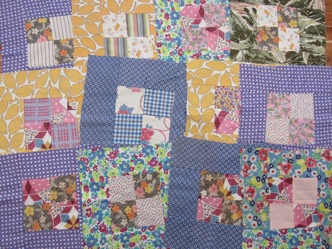 22 Hand Stitched QUILT BLOCKS Vintage Feedsack Four Patch Matching