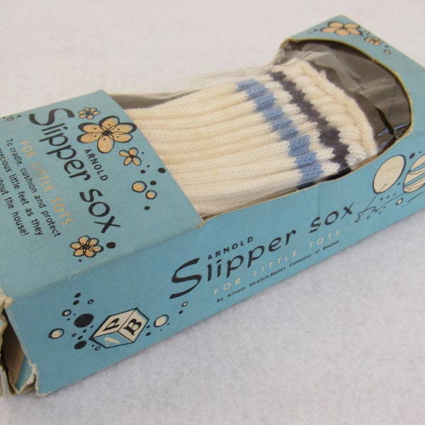 Toddler Boy's Slipper SOCKS Vintage 1950s Arnold Blue Striped Gripper Socks New Old Store Stock Original Box Size 4-1/2
