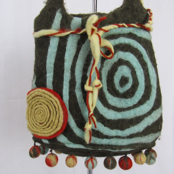 Handcrafted Felted Wool Handbag - Vintage BOHO Funky Purse Hippie RISING TIDE Bag