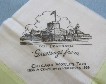 Antique 1933 Silk Handkerchief Vintage Souvenir Chicago World's Fair Hankie Century of Progress Printed Silk Fort Dearborn