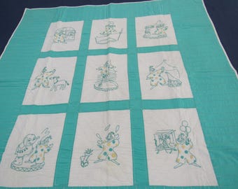 Vintage 1950s Baby Quilt: Embroidered Circus Clown Crib Coverlet
