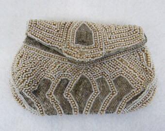 Beaded Clutch Purse - Vintage 1940s Beaded Wristlet Purse Faux Pearl & Silver Evening Special Occasion Costume Prom