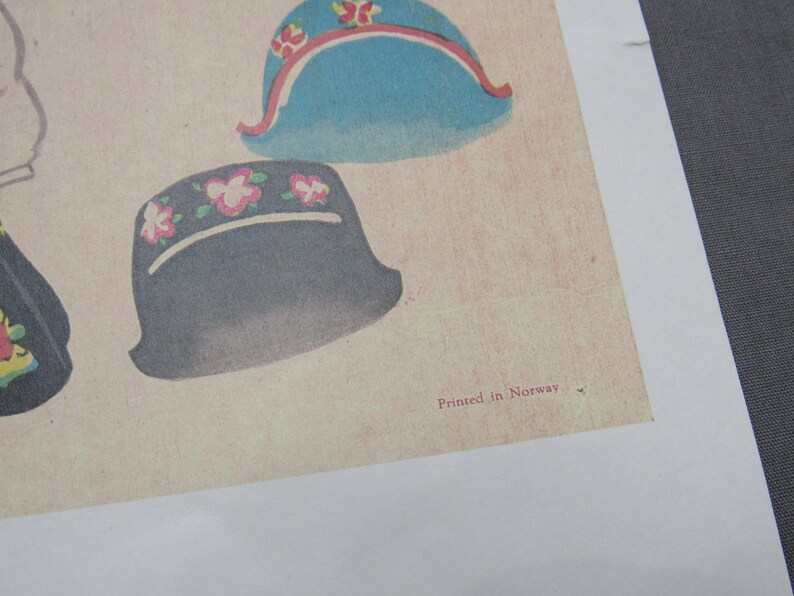 Puede incluir: Ilustraci&oacute;n de varios sombreros con elementos florales y decorativos. Los sombreros son en tonos de azul, negro y rosa, sobre un fondo crema. El texto "Printed in Norway" es visible.