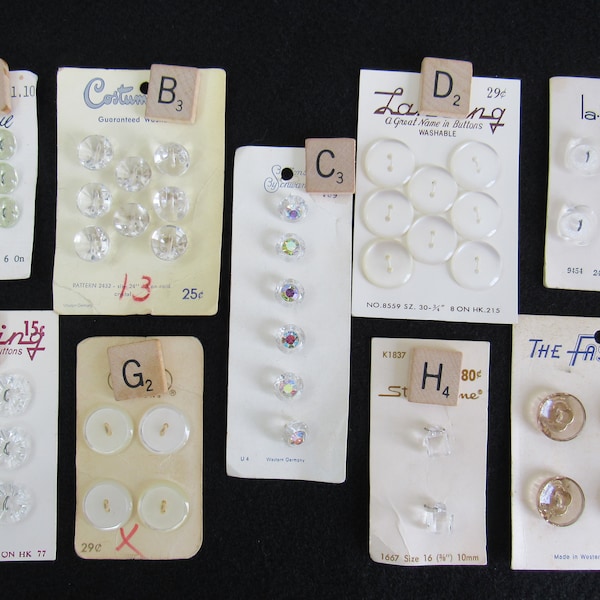 WHITE & Clear Glass Buttons New On Card - Choose One - Small Medium Vintage Sewing Buttons 7/16  3/8  1/2 5/8  3/4" - Plastic Rhinestone #18
