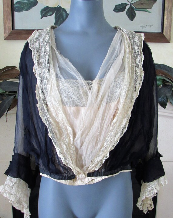 Beaded Edwardian Blouse Antique 1910s Navy Blue Si