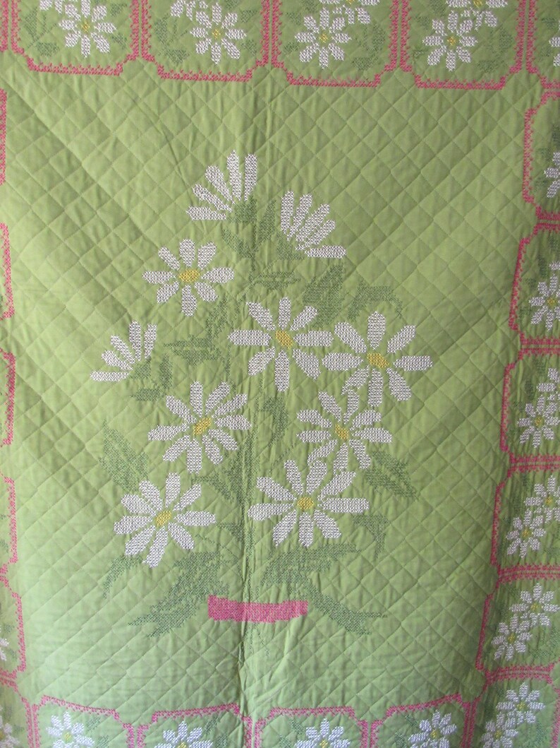 Large Embroidered Floral Quilt Vintage Hand Embroidered Cross Etsy