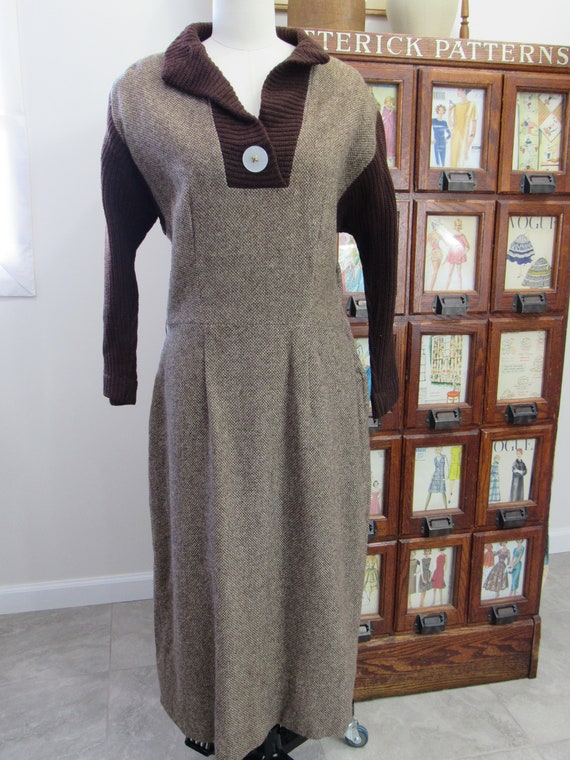 Wool TWEED Dress - Vintage 1940s BROWN Dress with… - image 2