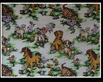 STORYBOOK ANIMALS Curtains / Drapes Vintage 1970s Children's Novelty Fabric Set of 3 Curtain Panels Cotton Canvas or Duck