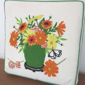 Retro Floral Pillow - Vintage 1970s Garden Bouquet & Butterfly Handmade Embroidered Square Pillow Crewel Embroidery Sunroom Porch Decor