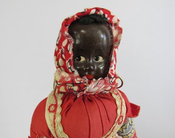 Vintage 1940s Souvenir Doll NEW ORLEANS 12" Folk Art Mask Face Cloth Doll