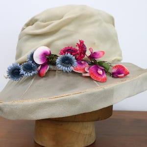 Antique Ivory Silk Crepe Hat: Edwardian Velvet Flower Wide Brim