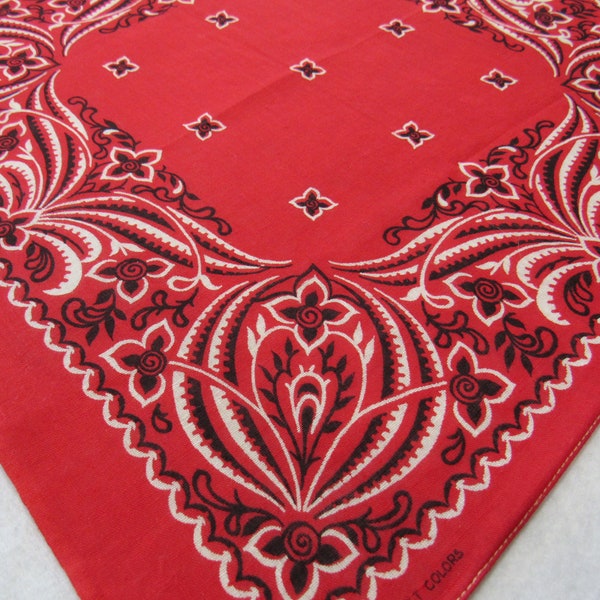 Vintage RED Bandana - WASHFAST Colors 100% Cotton Red Bandana Floral Handkerchief Hankie 16x16" Head Scarf Biker Head Wrap