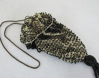 Antique Beaded Drawstring Purse - Vintage 1890s Victorian Black & Ivory Fancy Handbag Drawstring Reticule Silk Lined Chain Strap