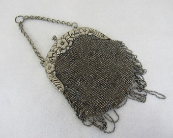 Antique Beaded Leather Purse Victorian Bead & Leather Handbag Repousse Silver Plate Frame Waist Chain Strap Pump Clasp