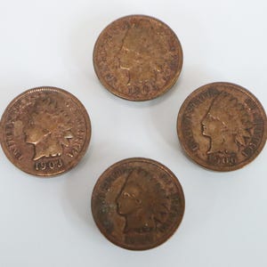 May include: Four antique Indian Head pennies, each displaying a profile of a Native American in a feathered headdress. The coins are a copper-brown color and are arranged on a white surface. The year 1903 is visible on some of the coins.