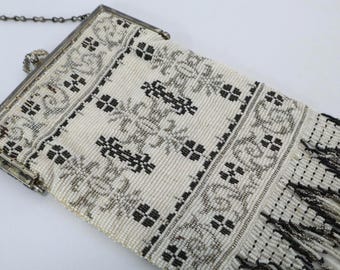 Antique Beaded Purse with Silver Frame - Made in France Ornately Beaded Victorian Handbag