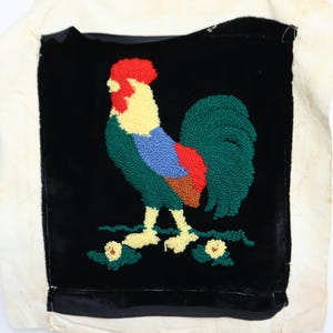 Vintage 1940s Stump Work Rooster Pillow Front: Embroidered Chicken Quilt Block