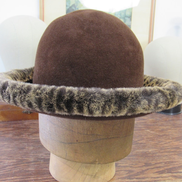 Rare KOKIN Winter Wide Brim Hat - Vintage 1990s Kokin New York Brown Wool Felt  with Faux Fur Trim Women's Hat