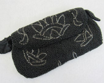 Black Beaded Clutch Purse - Vintage 1940s Beaded Wristlet Purse Made in Belgium Evening Special Occasion Costume Prom
