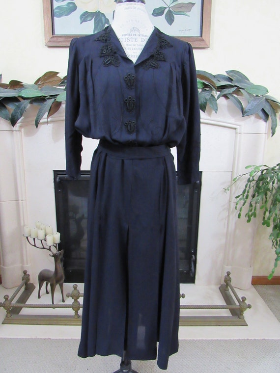 Antique Rayon Dress - Vintage 1930s Navy Rayon Fro