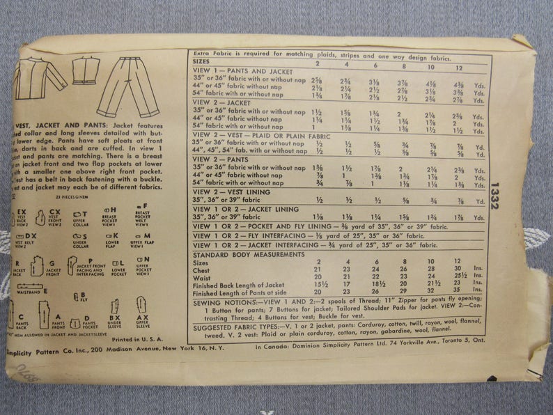 Boys Vest Jacket Pants Pattern 1332 Simplicity Vintage 1950s | Etsy