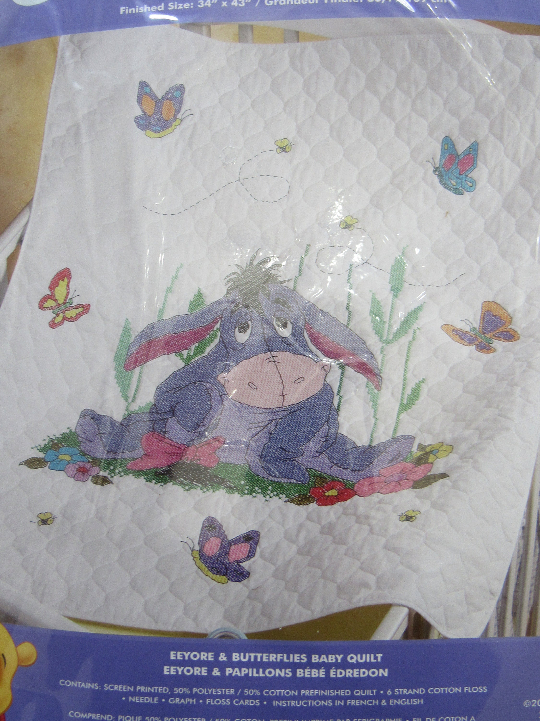 Stamped Cross Stitch Baby Quilt Disney EEYORE & BUTTERFLIES 1133-90  Pre-stamped Quilt Cross Stitch 34x43 Winnie the Pooh Crib Quilt 