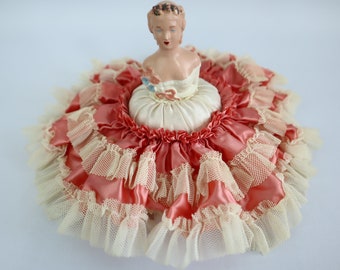 Vintage 1930s Half Doll Pincushion "Doll in A Can" Lady Pink & White Taffeta Dress Pin Cushion Doll 1/2 Doll Vanity Hat Pin Holder