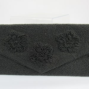 Vintage Envelope Purse - 1950s Black Beaded Clutch Floral Purse Evening Special Occasion Costume Wedding