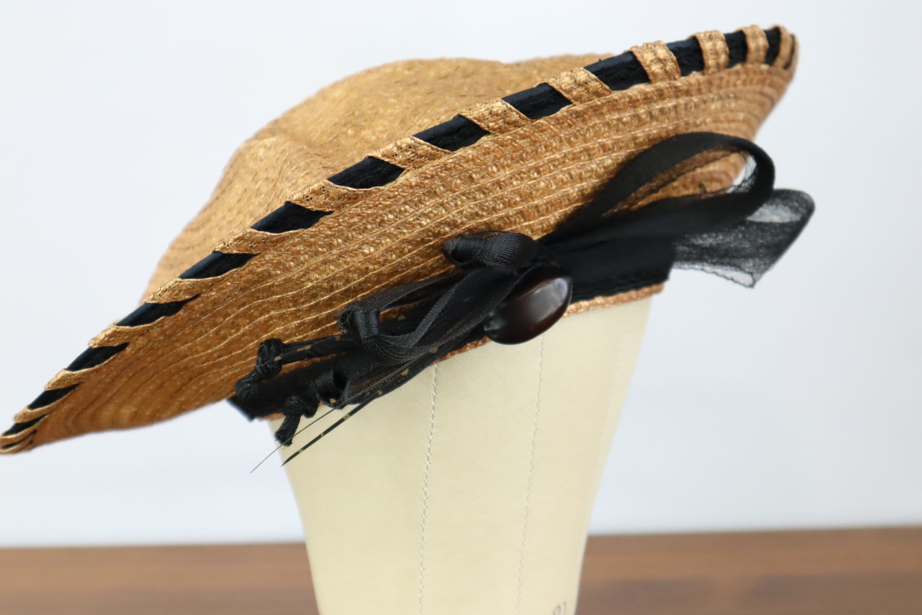Vintage Black Floppy Sun Hat with Braided Trim Black & Tan Kettle Brim Hat Vintage Trim and Netting / 3.5  main image 2