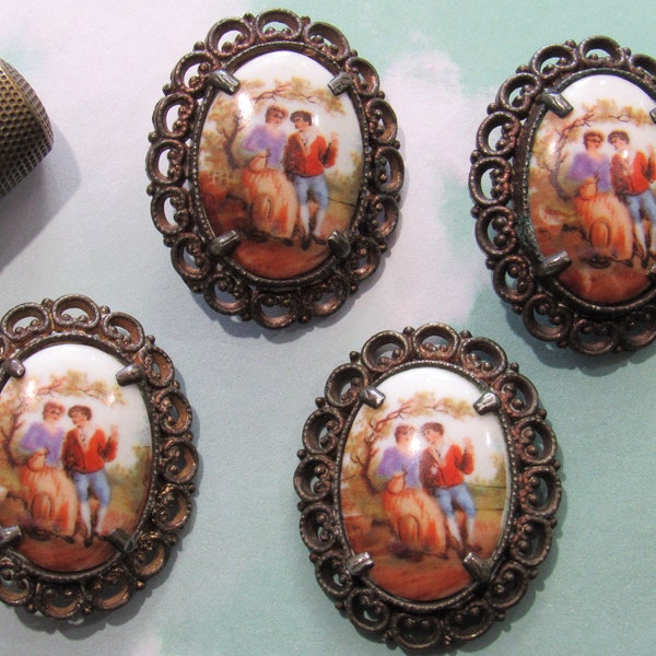 4 Antique China Transfer Buttons - Victorian COURTING COUPLE Picture Button in Silver Setting 1 7/16" Loop Shank Liverpool Transfer
