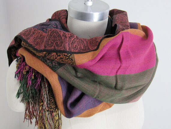 Wool Blend Shawl Vintage Large 29x78 Oblong Scarf Wrap Fringed