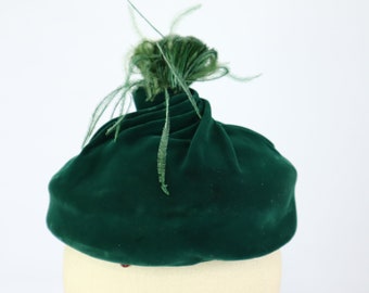 MOD Green Velvet Hat Vintage 1960s Mr John Demi Chapeau Feather Pom Pom Women's Hat St Patricks Day