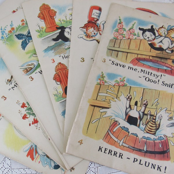 Collection of 6 Vintage Children's Book Prints 1940s Mittsy & Sniffy Double Sided Page Cuttings Illustration Cut Outs Kitten Puppy