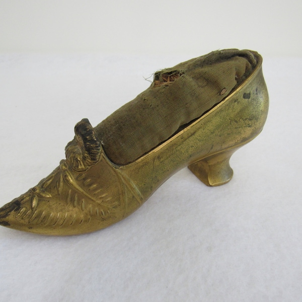 Large Antique 1900s SHOE Pin Cushion - Edwardian Shoe Pincushion Metal Base SIGNED 1915 Straw Stuffed Sewing Collectible