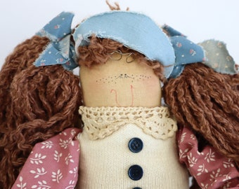 Folk Art Cloth Rag Doll - SALLY JO - Raggedy Anne Type Attic Buddies Cloth Doll Vintage Inspired Rustic Primitive Doll 22" p