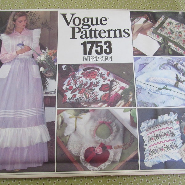 UNCUT Vogue APRON Sewing Pattern 1753 Girly Gift Items Pillows Sachet Bags Padded Hangers Frames & Jewelry