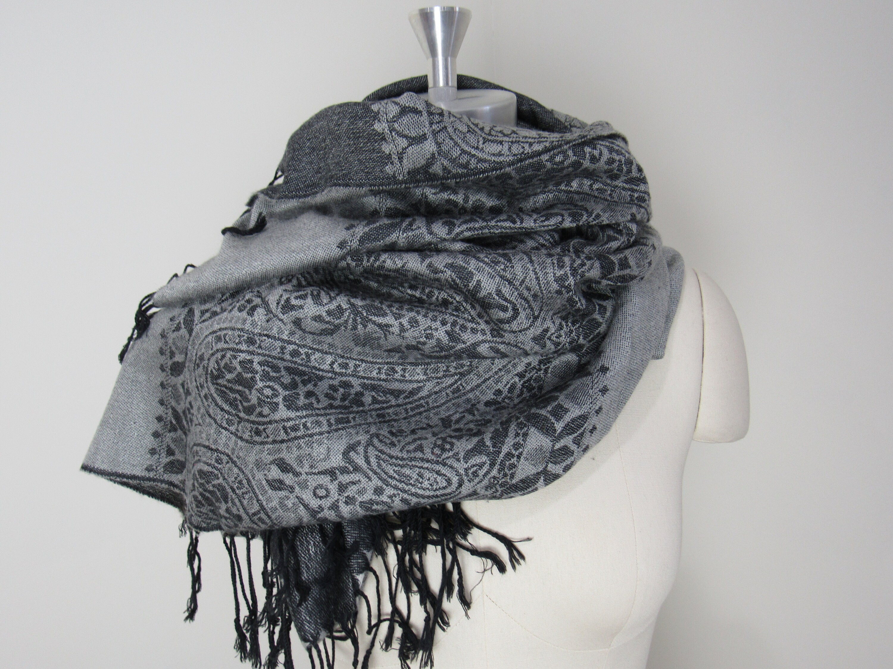 Pashmina Shawl - Vintage Cashmere & Silk Gray Paisley Wrap