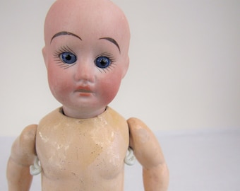 Antique Bisque Head Doll 8" - NEEDS TLC Compo Body Vintage 1910s Creepy Doll Germany Loeffler & Dill