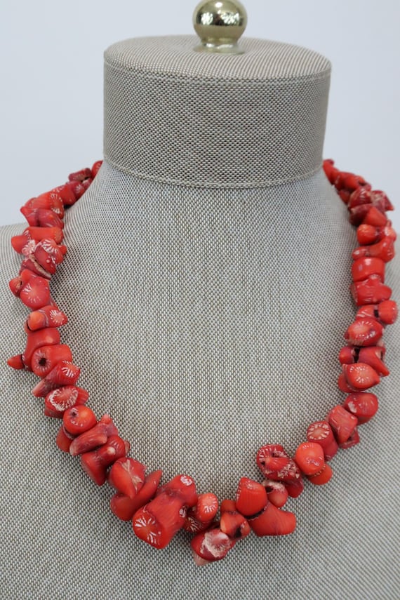 Vintage Red Coral Necklace - 1970s Chunky Coral Beads 17" Choker