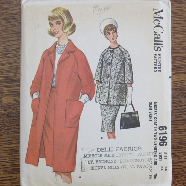 UNCUT McCall's COAT & SKIRT Sewing Pattern #6196 Vintage 1961 Coat w/ Slim Skirt Pattern Size 14 Bust 34 Clothing Pattern