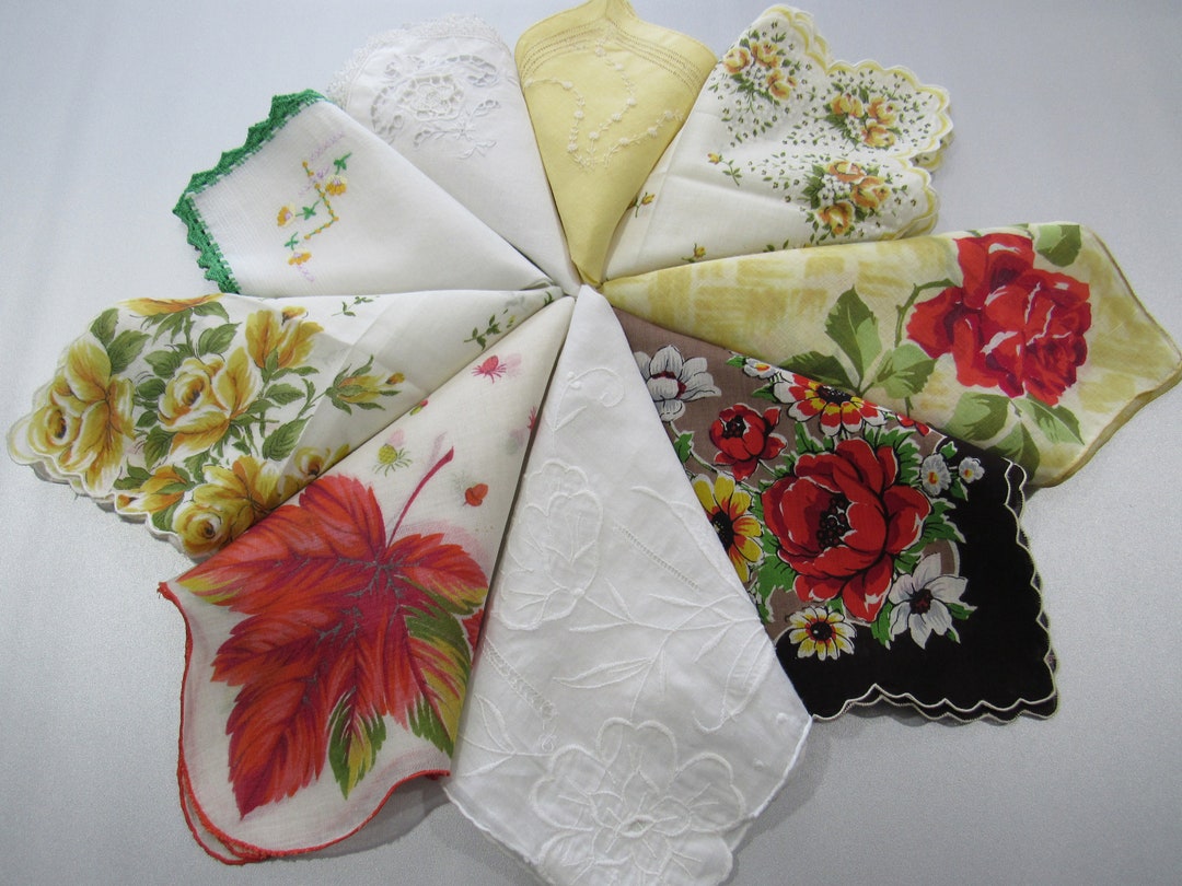 Vintage Handkerchiefs Lot of 9 Hankies Red Yellow Green Garden FLORALS Printed Embroidered