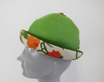 MOD Straw Derby Vintage 1960s Mr John Classic Bright Green Straw Crown with Floral Brim Women's Hat