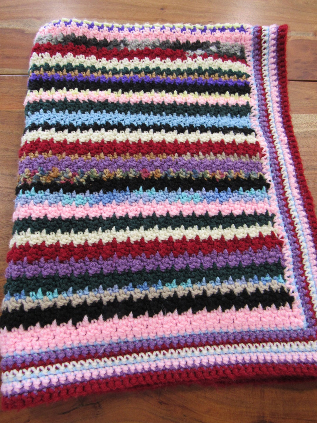 Crocheted Scrap Yarn Lap Blanket Vintage Handmade Small Afghan Acrylic