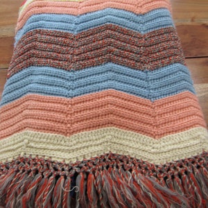 1970s Hand Knit Afghan Throw Blanket: Retro Striped Wool Blend, 44x61&quot;